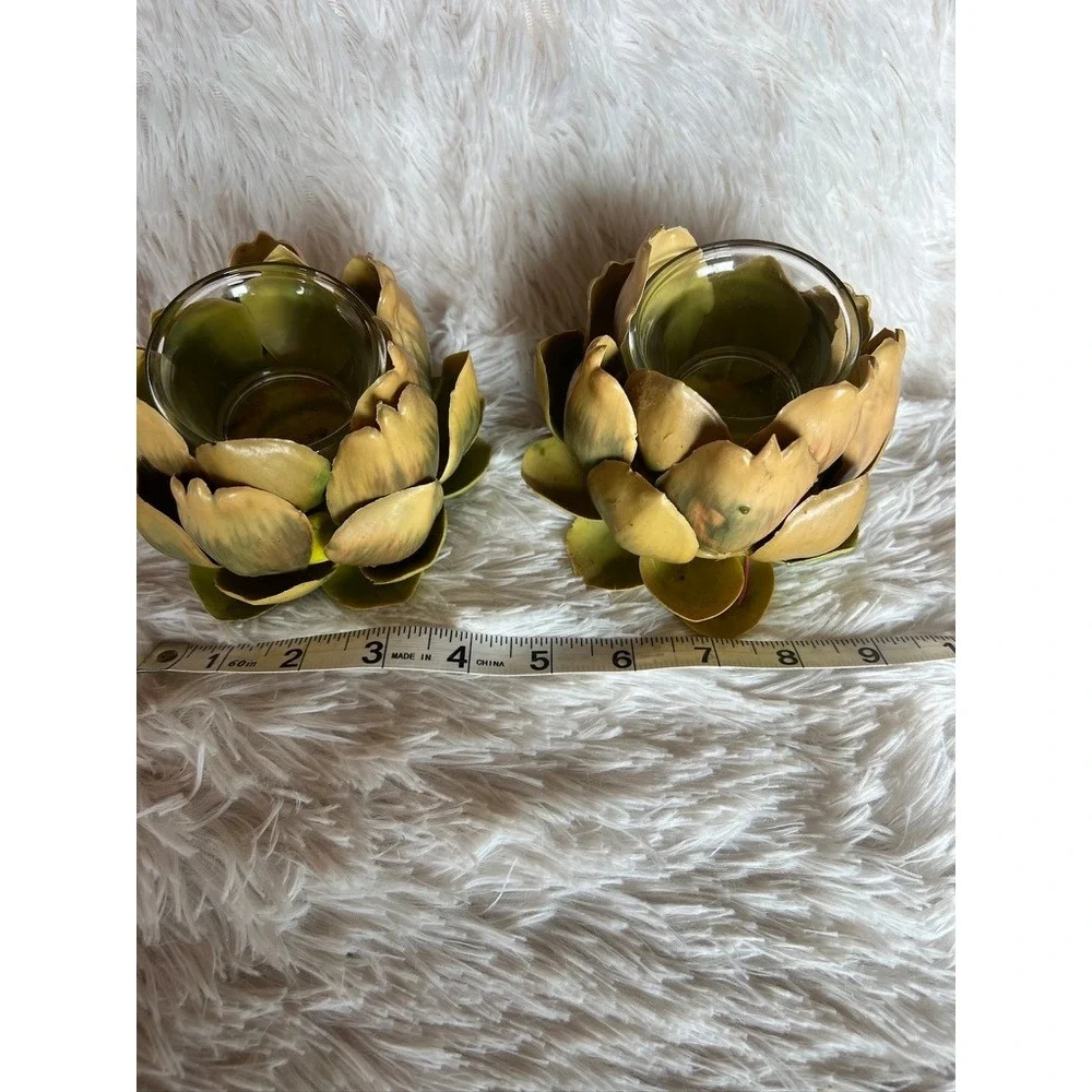Artichoke Votive Candle Holders Set of 2 Green Yellow Botanical Decor